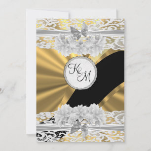 Gold elegant white lace monogram wedding invitation