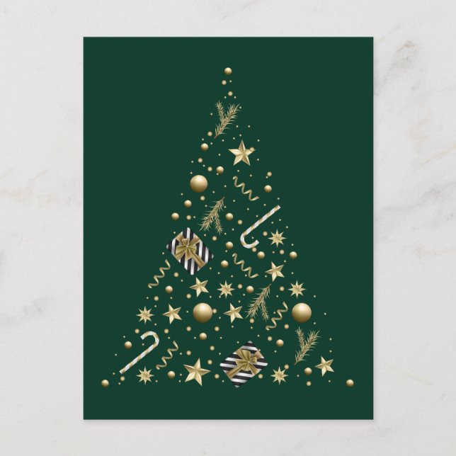 Gold Elegant Xmas Tree on Emerald Green Christmas Postcard (Front)