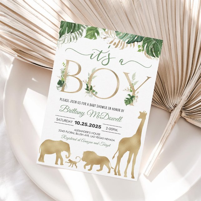 Gold Elephant Boy Safari Baby Shower Invitation (Creator Uploaded)