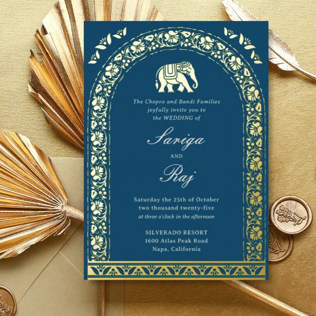 Gold Elephant & Lotus Flower Indian Wedding (Blue Indian wedding invitation with elephant and lotus flower motif, hindu wedding invitation card)