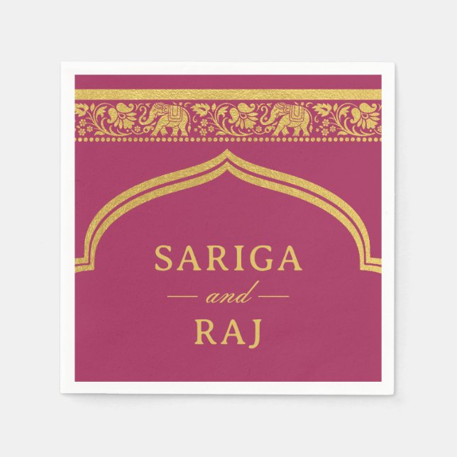 Gold Elephant & Lotus Flower Mundap Arch Wedding Napkin (Front)