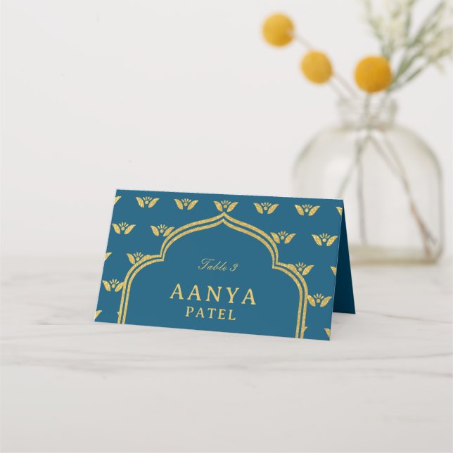 Gold Elephant & Lotus Flower Wedding Escort Name Place Card (Front)
