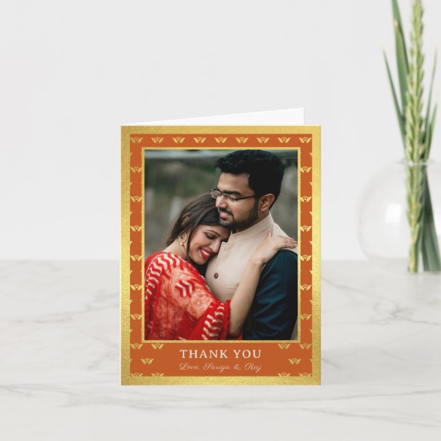 Gold Elephant & Lotus Flower Wedding Photo Folded Thank You Card (Front)
