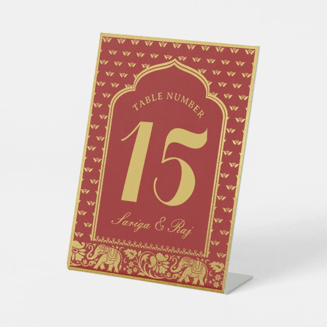 Gold Elephant & Lotus Flower Wedding Table Number Pedestal Sign (Front)