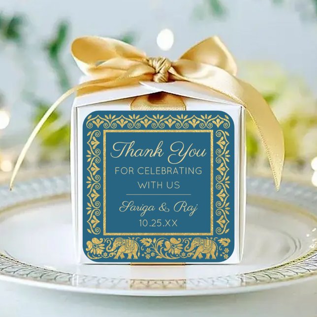 Gold Elephant & Lotus Wedding Return Gift Favour Square Sticker (indian wedding return gift thank you sticker, hindu wedding return gift label, elephant lotus flower)