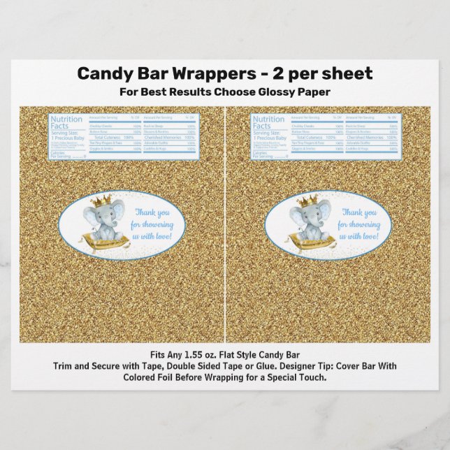 Gold Elephant Prince Baby Shower Candy Bar Wrapper (Front)