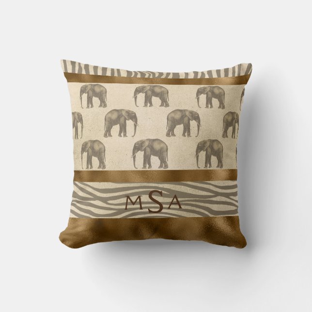 Gold Elephant Tiger Elegant Pretty Chic Monogram Throw Pillow (Front)