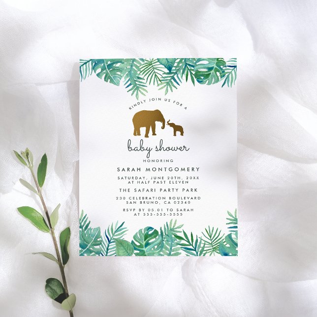 Gold Elephant & Tropical Leaves Jungle Baby Shower Invitation Postcard (Creator Uploaded)