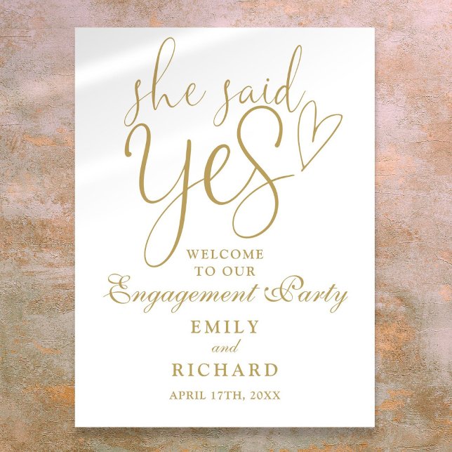 Gold Elle A Dit Oui Affiche de bienvenue de la par (Gold She Said Yes Engagement Party Welcome Sign)