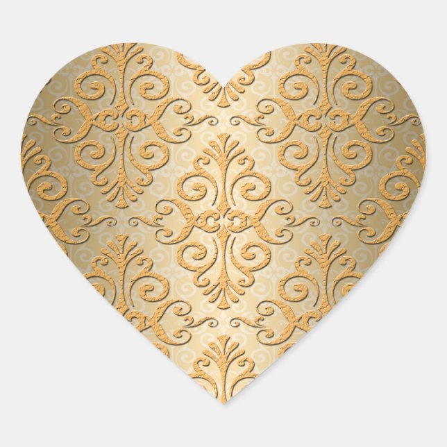 Gold Embossed Looking Damask Pattern Heart Sticker (Front)