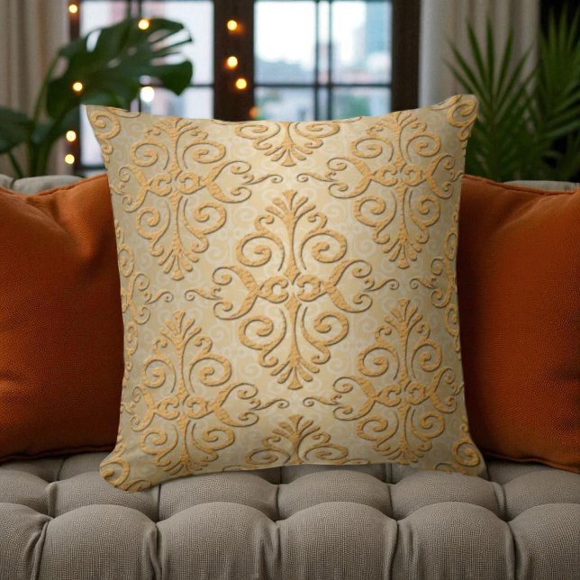 Gold Embossed Looking Damask Pattern Throw Pillow (Creator Uploaded)