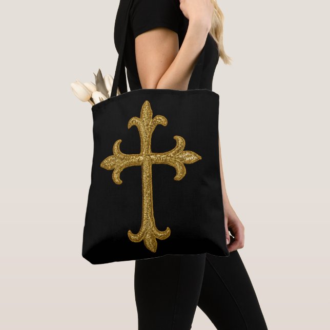 Gold Embroidered Look Cross Front and Back French Tote Bag (Close Up)