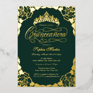 Gold Emerald Elegant Script Quinceanera Birthday