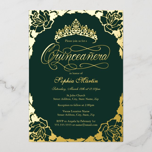 Gold Emerald Elegant Script Quinceanera Birthday (Front)