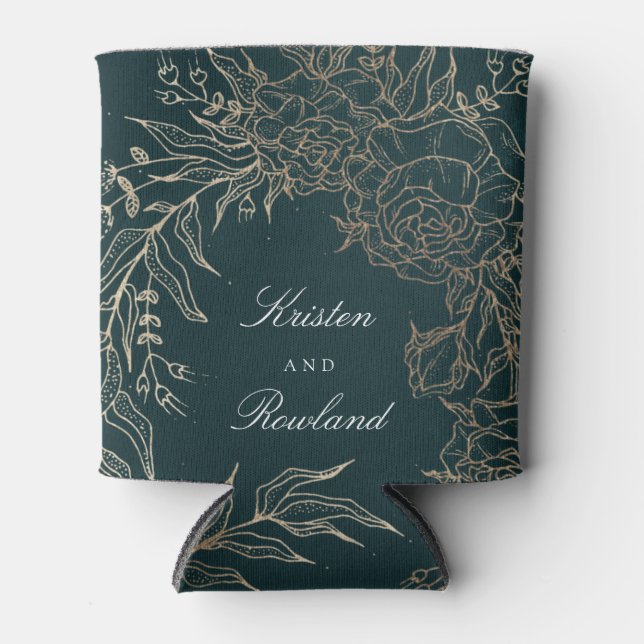 Gold Emerald Flower Wreath Emerald Green Wedding Can Cooler (Front)