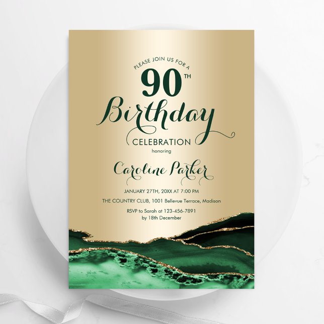 Gold Emerald Green Agate Marble 90th Birthday Invitation (Creator Uploaded)