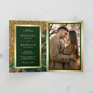 Gold Emerald Green Marble Photo QR Code Wedding Invitation