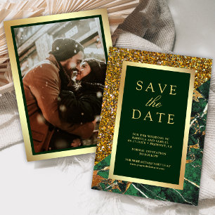 Gold Emerald Green Marble Photo Wedding Save The Date