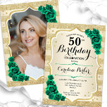 Gold Emerald Green Photo 50th Birthday Invitation<br><div class="desc">Elegant floral feminine 50th birthday invitation with your photo at the back of the card. Glam design with faux glitter gold. Features gold stripes, emerald green roses, script font and confetti. Perfect for a stylish adult bday celebration party. Personalise with your own details. Can be customised for any age! Printed...</div>