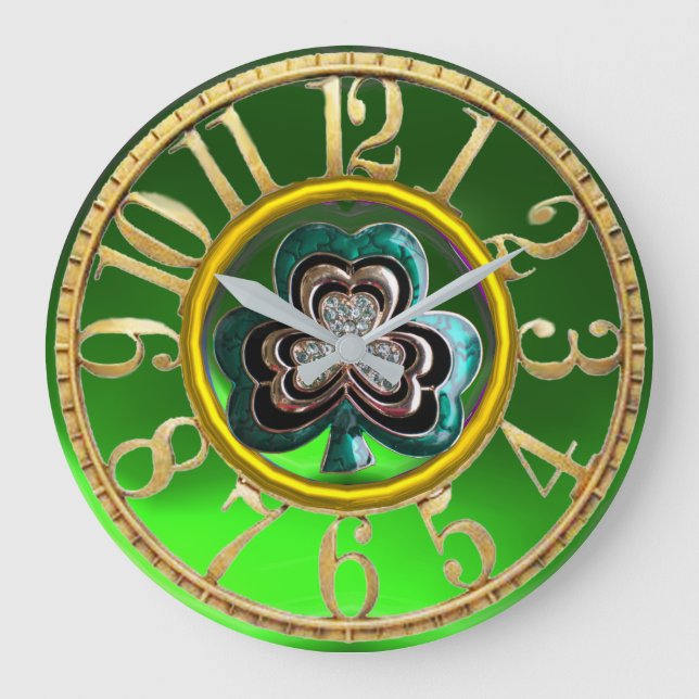 Gold Emerald Green Shamrock Jewel St Patrick's Day Large Clock (Front)