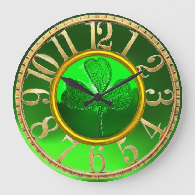 Gold Emerald Green Shamrock St Patrick's Day Large Clock (Front)