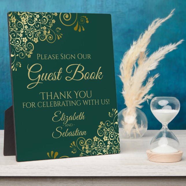 Gold & Emerald Green Sign Our Guest Book Wedding Plaque (Side)