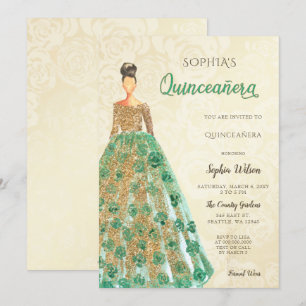 Gold Emerald Green Sparkle Dress Quinceanera Invitation