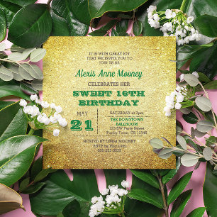 Gold & Emerald Green Sparkly Sweet 16 Invitation