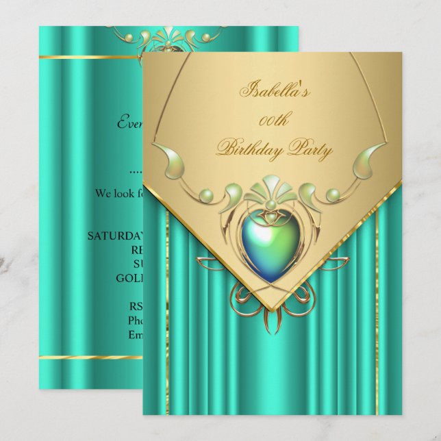 Gold Emerald Jade Green Birthday Party Invite (Front/Back)