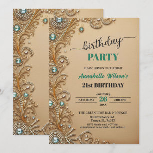 Gold Emerald Rhinestones 21st Birthday Party Invitation