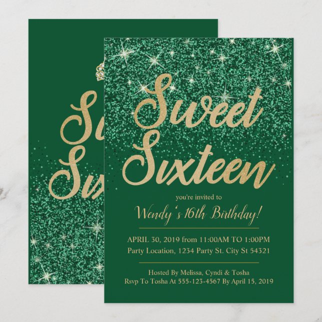 Gold Emerald Sweet 16 Invitations d'anniversaire (Devant / Derrière)