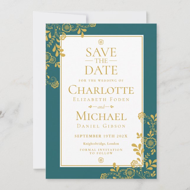 Gold Emerald Victorian Floral Lace Save the Date (Front)