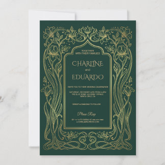 Gold Emerald Wedding Invitation Art Nouveau Frame