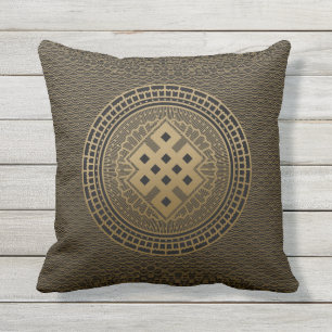 Gold Endless Knot in Mandala Throw Pillow