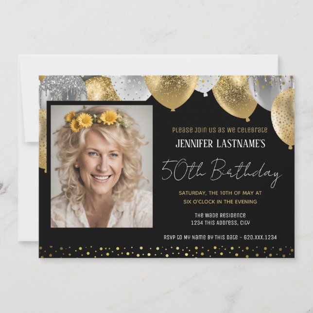 Gold et Black 50th Birthday Photo Invitation (Devant)