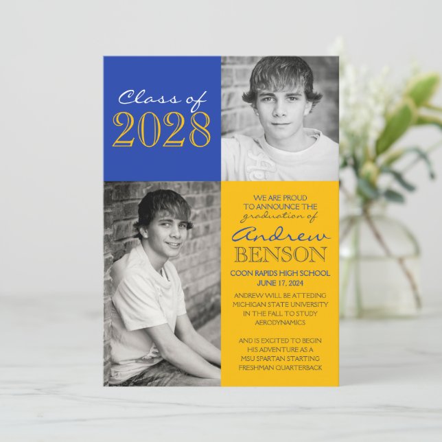 Gold et Blue 2 Faire-part de graduation photo (Debout devant)