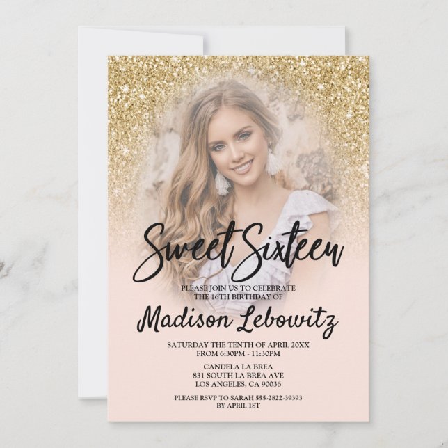 Gold et Blush Sweet 16 Photo Invitation Anniversai (Devant)
