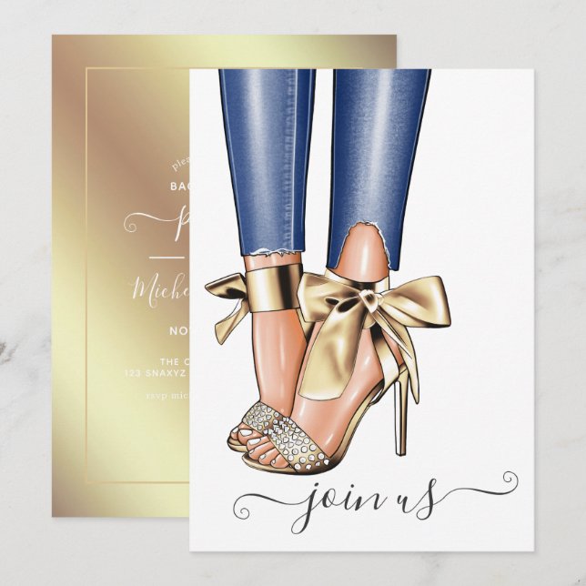 Gold et Denim Fashionista Bachelorette Invitation (Devant / Derrière)