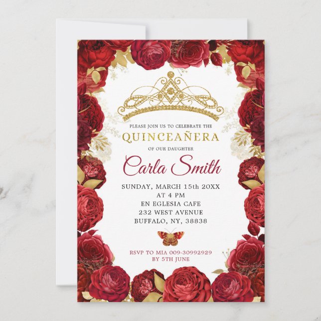 Gold et Red Roses Mis Quince Invitation Anniversai (Devant)