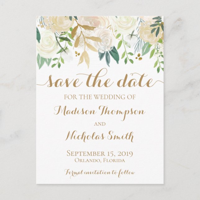 Gold et White Flower Enregistrer la date Cartes po (Devant)