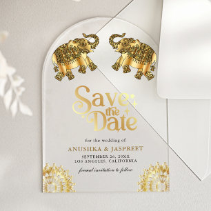 Gold Ethnic Elephants Indian Wedding Save the Date Acrylic Invitations