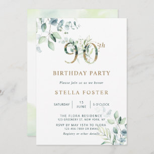 Gold Eucalyptus Botanical 90th Birthday Party Invitation