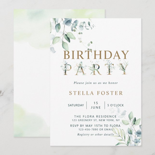 Gold Eucalyptus Botanical Letter Birthday Party Invitation (Front/Back)
