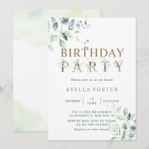 Gold Eucalyptus Botanical Letter Birthday Party Invitation