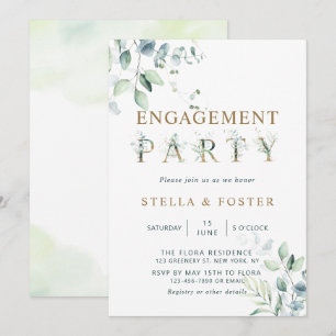 Gold Eucalyptus Botanical Letter Engagement Party Invitation