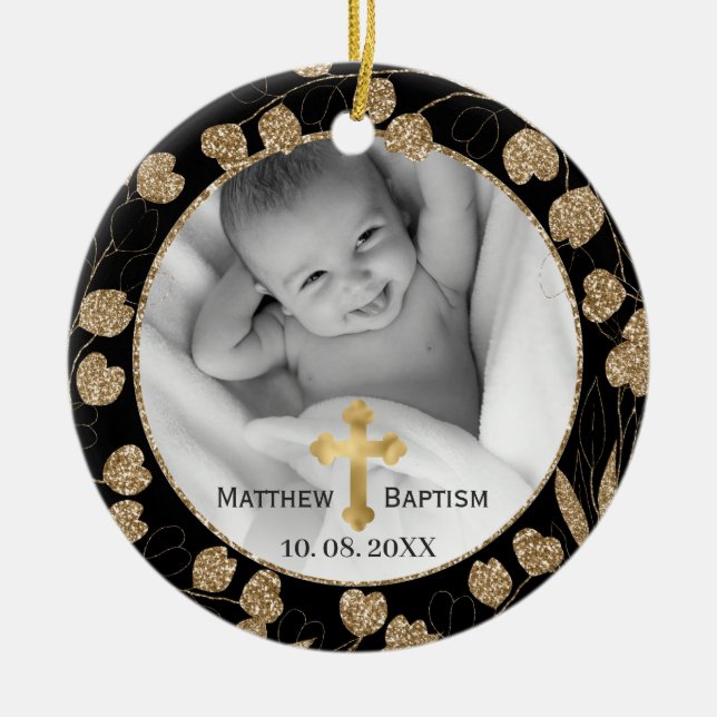 Gold Eucalyptus Branch Leaves Baby Baptism Photo Ceramic Ornament (Front)