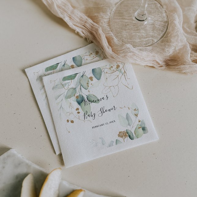 Gold Eucalyptus Calligraphy Baby Shower Napkins (Creator Uploaded)