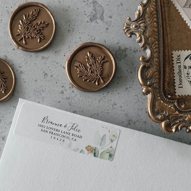 Gold Eucalyptus Calligraphy Return Address Label (Creator Uploaded)