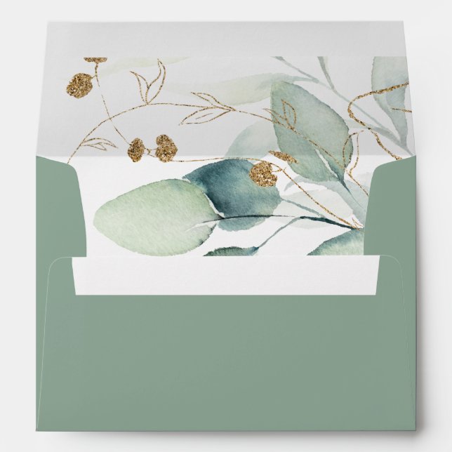 Gold Eucalyptus Calligraphy Wedding Invitation  Envelope (Back (Bottom))