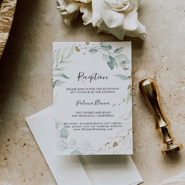 Gold Eucalyptus Calligraphy Wedding Reception  Enclosure Card (Creator Uploaded)